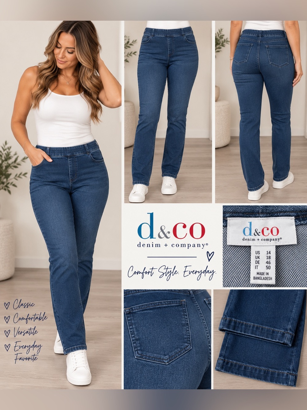 Denim&Co Straight Leg Jeans - Medium Blue Size 14